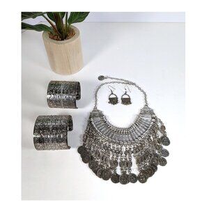 Vintage Belly Dance Boho Set - Silver Tone Coin Necklace - Bracelets - Earrings